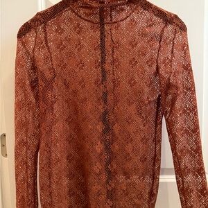 Sheer Lace High-Neck Blouse — Rust